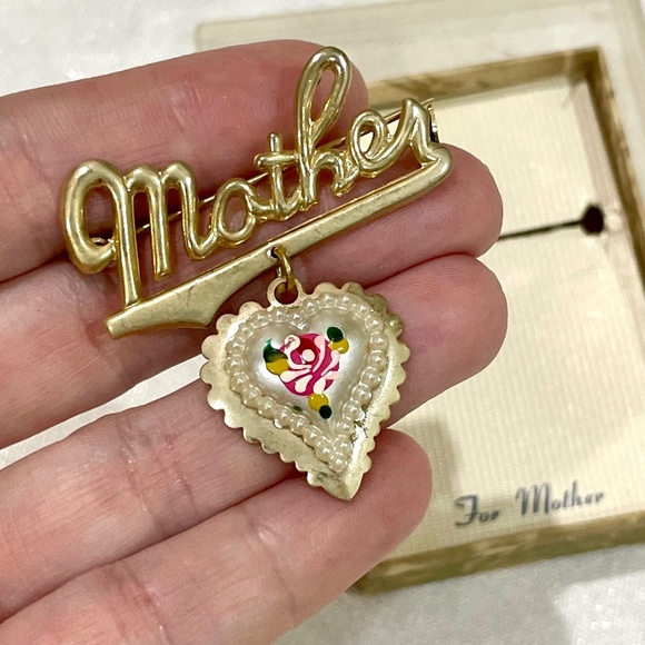 Vintage 1950’s Mother Heart Gold Brooch Pin Mid Century BRAND NEW w ORIGINAL BOX - Picture 5 of 6